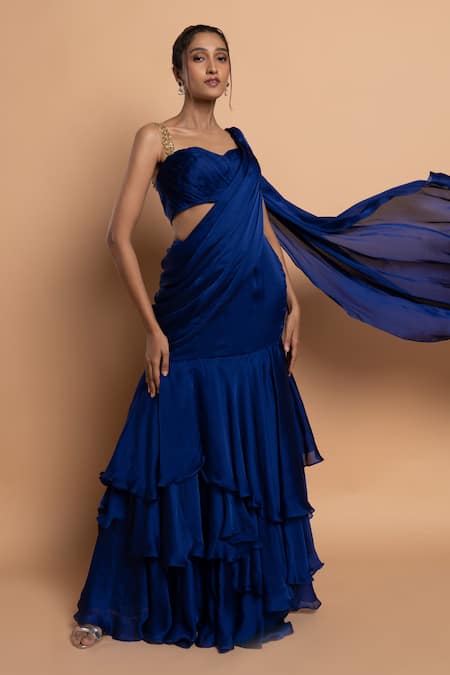Buy_Dajwaree_Blue Georgette, Satin Sweetheart Iris Pre-draped Ruffle Tiered Saree With Blouse _Online_at_Aza_Fashions