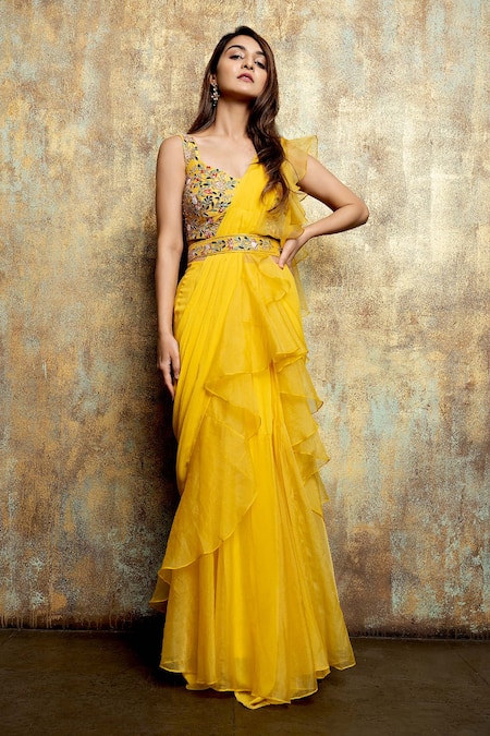 Dajwaree_Yellow Organza, Georgette Embroidery, Beads, Cut Pre-draped Ruffled Saree Set _Online_at_Aza_Fashions