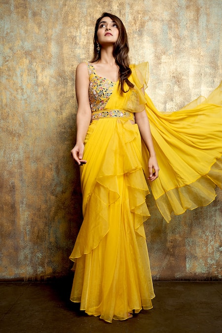 Buy_Dajwaree_Yellow Organza, Georgette Embroidery, Beads, Cut Pre-draped Ruffled Saree Set _Online_at_Aza_Fashions