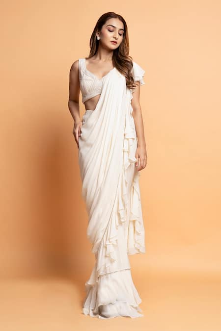 Dajwaree White Silk, Georgette Cut Work, Lily Pre-draped Saree With Embroidered Blouse Online at Aza Fashions Dajwaree_White Silk, Georgette Cut Work, Lily Pre-draped Saree With Embroidered Blouse _Online_at_Aza_Fashions