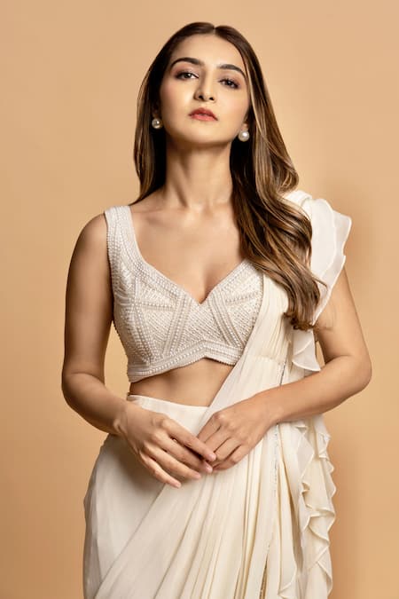 Shop Dajwaree White Silk, Georgette Cut Work, Lily Pre-draped Saree With Embroidered Blouse Online at Aza Fashions Shop_Dajwaree_White Silk, Georgette Cut Work, Lily Pre-draped Saree With Embroidered Blouse _Online_at_Aza_Fashions