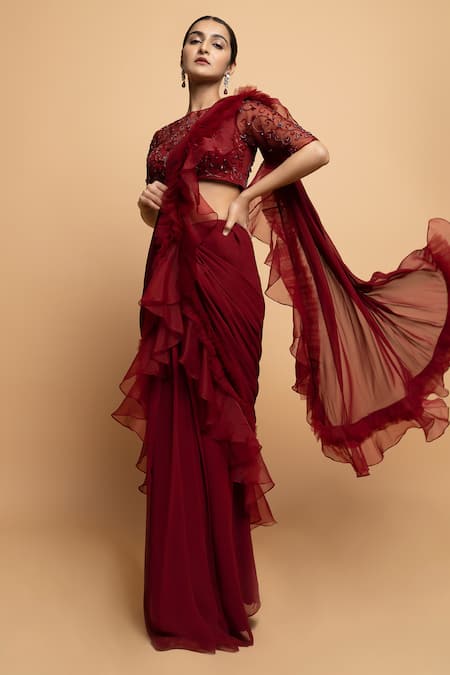 Buy_Dajwaree_Maroon Organza, Net, Georgette Beads, Cut Dahlia Pre-draped Ruffled Saree Set _Online_at_Aza_Fashions