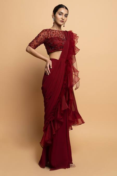 Shop_Dajwaree_Maroon Organza, Net, Georgette Beads, Cut Dahlia Pre-draped Ruffled Saree Set _Online_at_Aza_Fashions