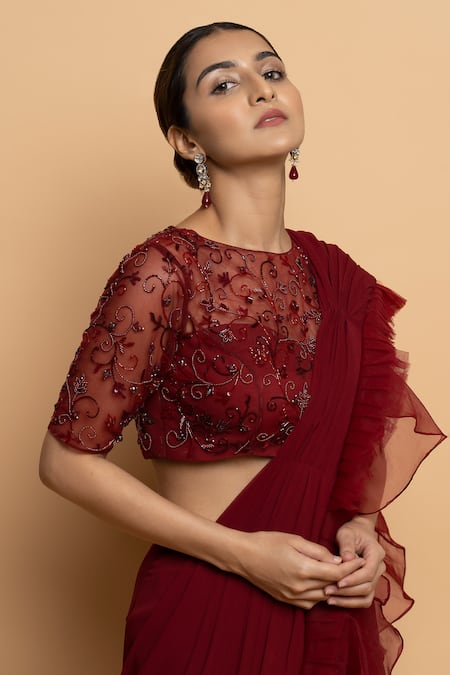 Dajwaree_Maroon Organza, Net, Georgette Beads, Cut Dahlia Pre-draped Ruffled Saree Set _at_Aza_Fashions