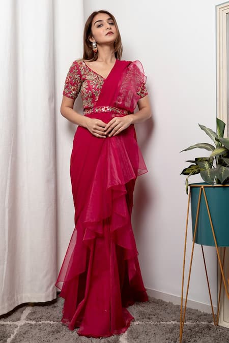 Dajwaree Hibiscus Organza Pre-Draped Ruffled Saree Set 
