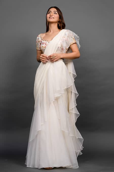 Dajwaree Vivacious Pre-Draped Ruffled Saree With Floral Embroidered Blouse 