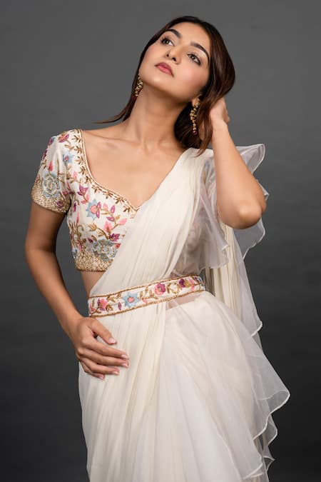 Buy_Dajwaree_Off White Organza, Vivacious Pre-draped Ruffled Saree With Floral Blouse _Online_at_Aza_Fashions