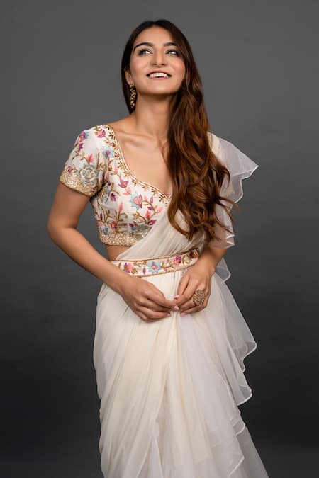 Shop_Dajwaree_Off White Organza, Vivacious Pre-draped Ruffled Saree With Floral Blouse _Online_at_Aza_Fashions
