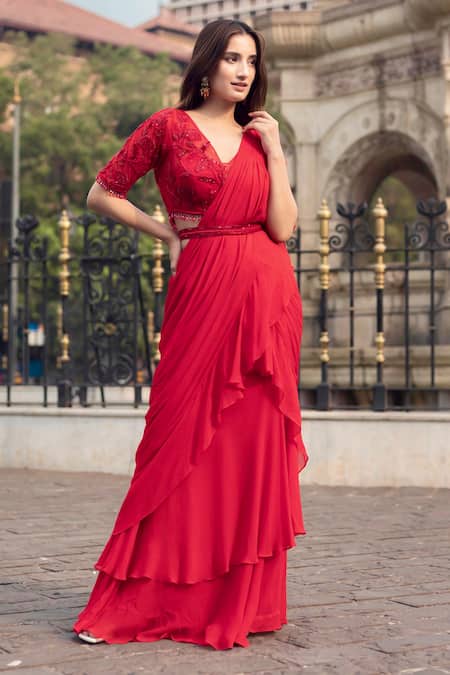 Dajwaree Red Georgette Tassels, Aster Pre-draped Ruffled Saree With Embellished Blouse Online at Aza Fashions Dajwaree_Red Georgette Tassels, Aster Pre-draped Ruffled Saree With Embellished Blouse _Online_at_Aza_Fashions