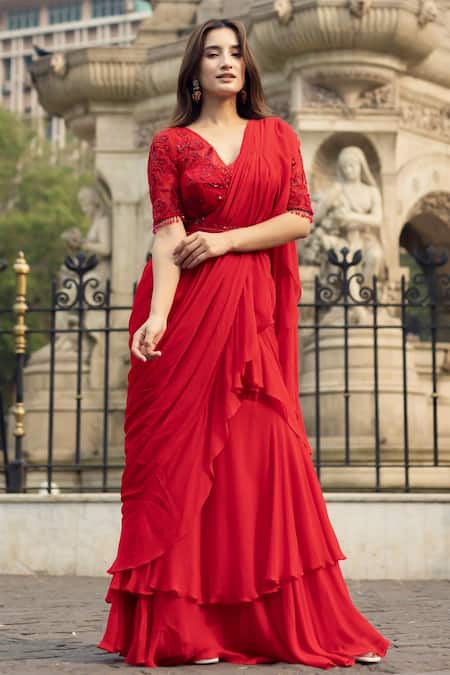 Buy Dajwaree Red Georgette Tassels, Aster Pre-draped Ruffled Saree With Embellished Blouse Online at Aza Fashions Buy_Dajwaree_Red Georgette Tassels, Aster Pre-draped Ruffled Saree With Embellished Blouse _Online_at_Aza_Fashions