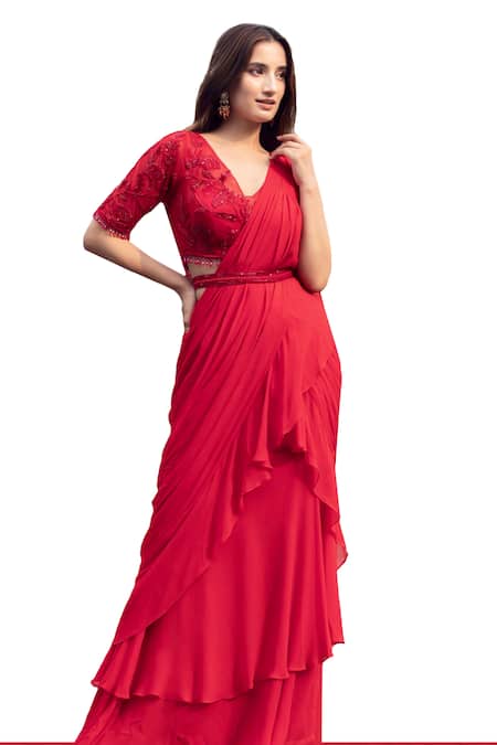 Shop Dajwaree Red Georgette Tassels, Aster Pre-draped Ruffled Saree With Embellished Blouse Online at Aza Fashions Shop_Dajwaree_Red Georgette Tassels, Aster Pre-draped Ruffled Saree With Embellished Blouse _Online_at_Aza_Fashions