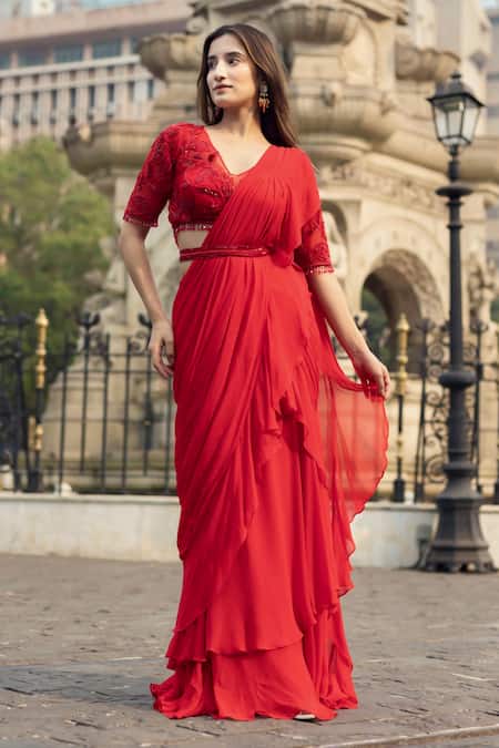 Buy Dajwaree Red Georgette Tassels, Aster Pre-draped Ruffled Saree With Embellished Blouse Buy_Dajwaree_Red Georgette Tassels, Aster Pre-draped Ruffled Saree With Embellished Blouse
