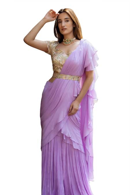 Buy Dajwaree Purple Silk, Chiffon Embroidery Jasmine Pre-draped Ruffled Saree With Blouse Online at Aza Fashions Buy_Dajwaree_Purple Silk, Chiffon Embroidery Jasmine Pre-draped Ruffled Saree With Blouse _Online_at_Aza_Fashions