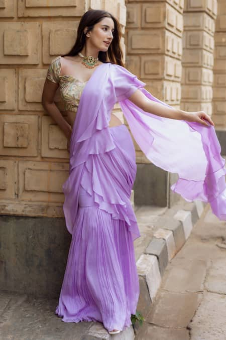Shop Dajwaree Purple Silk, Chiffon Embroidery Jasmine Pre-draped Ruffled Saree With Blouse Online at Aza Fashions Shop_Dajwaree_Purple Silk, Chiffon Embroidery Jasmine Pre-draped Ruffled Saree With Blouse _Online_at_Aza_Fashions