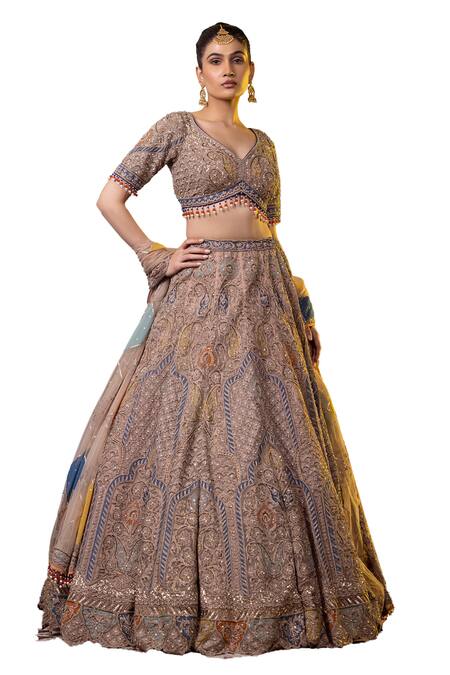 Raj Arora_Grey Net Sequins, Pearls, Embroidery Asymmetric Blouse Lehenga Set _Online_at_Aza_Fashions