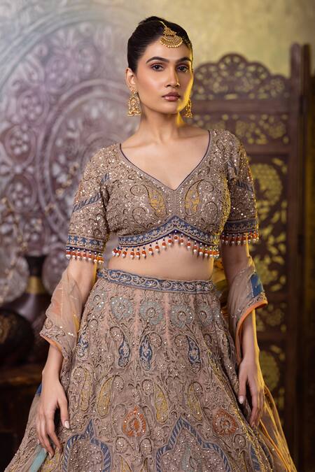 Buy_Raj Arora_Grey Net Sequins, Pearls, Embroidery Asymmetric Blouse Lehenga Set _Online_at_Aza_Fashions