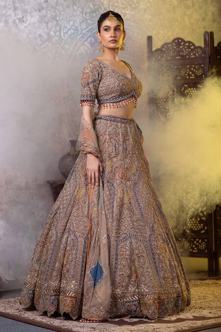 Shop_Raj Arora_Grey Net Sequins, Pearls, Embroidery Asymmetric Blouse Lehenga Set _Online_at_Aza_Fashions