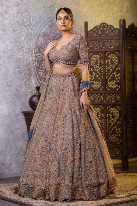 Raj Arora_Grey Net Sequins, Pearls, Embroidery Asymmetric Blouse Lehenga Set _at_Aza_Fashions