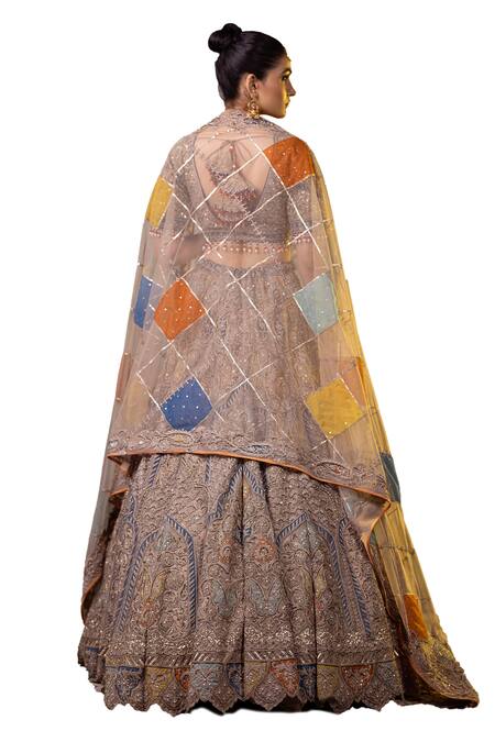 Buy_Raj Arora_Grey Net Sequins, Pearls, Embroidery Asymmetric Blouse Lehenga Set 