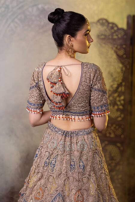 Shop_Raj Arora_Grey Net Sequins, Pearls, Embroidery Asymmetric Blouse Lehenga Set 