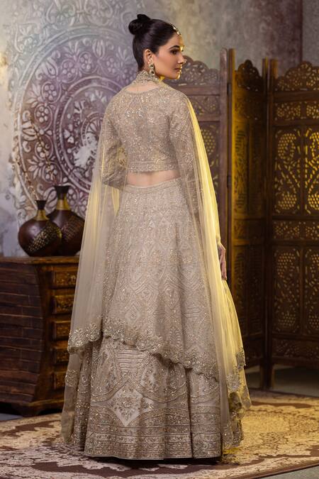 Shop Raj Arora Green Net Zari, Cut Work Sweetheart Neck Zardosi Embroidered Blouse Lehenga Set at Aza Fashions Shop_Raj Arora_Green Net Zari, Cut Work Sweetheart Neck Zardosi Embroidered Blouse Lehenga Set _at_Aza_Fashions