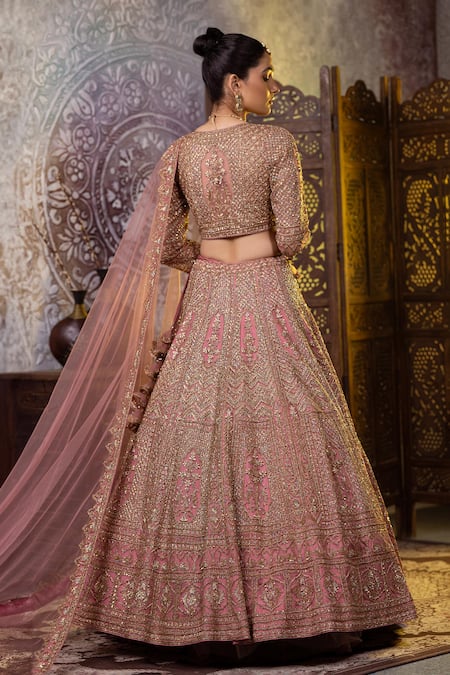 Shop Raj Arora Pink Net Zari, Sequins, Embroidery Sweetheart Neck Bridal Lehenga Set at Aza Fashions Shop_Raj Arora_Pink Net Zari, Sequins, Embroidery Sweetheart Neck Bridal Lehenga Set _at_Aza_Fashions