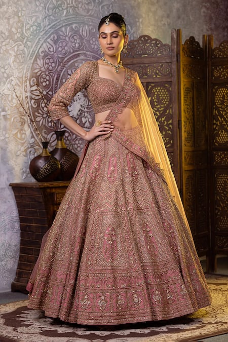 Buy Raj Arora Pink Net Zari, Sequins, Embroidery Sweetheart Neck Bridal Lehenga Set Online at Aza Fashions Buy_Raj Arora_Pink Net Zari, Sequins, Embroidery Sweetheart Neck Bridal Lehenga Set _Online_at_Aza_Fashions