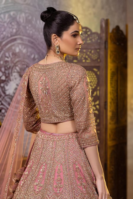 Buy Raj Arora Pink Net Zari, Sequins, Embroidery Sweetheart Neck Bridal Lehenga Set Buy_Raj Arora_Pink Net Zari, Sequins, Embroidery Sweetheart Neck Bridal Lehenga Set