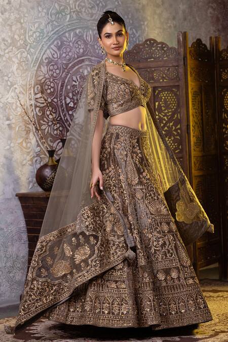 Shop Raj Arora Green Microfiber, Net Ruhana Zardosi And Cutdana Embroidered Bridal Lehenga Set Online at Aza Fashions Shop_Raj Arora_Green Microfiber, Net Ruhana Zardosi And Cutdana Embroidered Bridal Lehenga Set _Online_at_Aza_Fashions