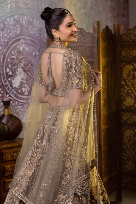 Shop Raj Arora Green Microfiber, Net Ruhana Zardosi And Cutdana Embroidered Bridal Lehenga Set Shop_Raj Arora_Green Microfiber, Net Ruhana Zardosi And Cutdana Embroidered Bridal Lehenga Set