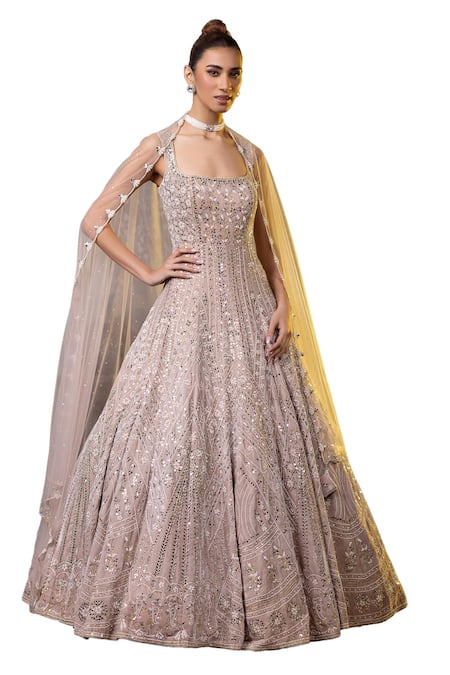 Raj Arora Cream Microfiber Diamonds, Embroidery, Pearls Square Neck Anarkali With Dupatta Online at Aza Fashions Raj Arora_Cream Microfiber Diamonds, Embroidery, Pearls Square Neck Anarkali With Dupatta _Online_at_Aza_Fashions