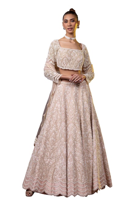 Raj Arora Beige Silk Pearls, Diamonds Square Neck Embroidered Bridal Lehenga Set Online at Aza Fashions Raj Arora_Beige Silk Pearls, Diamonds Square Neck Embroidered Bridal Lehenga Set _Online_at_Aza_Fashions