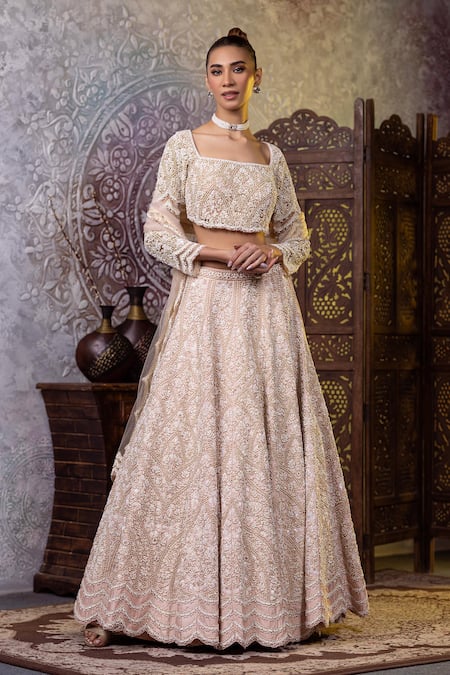Buy Raj Arora Beige Silk Pearls, Diamonds Square Neck Embroidered Bridal Lehenga Set Online at Aza Fashions Buy_Raj Arora_Beige Silk Pearls, Diamonds Square Neck Embroidered Bridal Lehenga Set _Online_at_Aza_Fashions