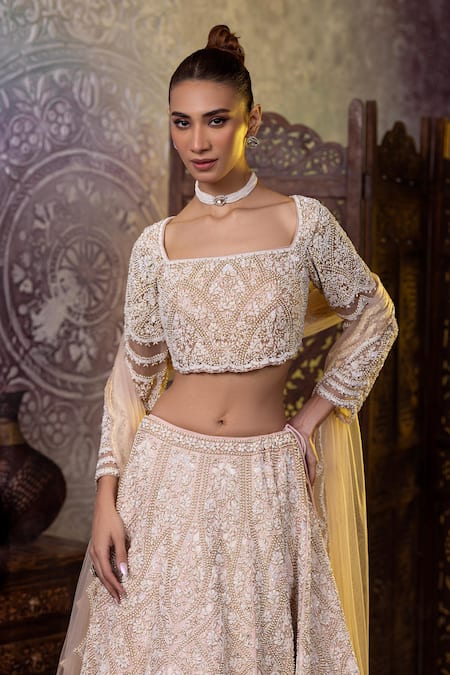 Shop Raj Arora Beige Silk Pearls, Diamonds Square Neck Embroidered Bridal Lehenga Set Online at Aza Fashions Shop_Raj Arora_Beige Silk Pearls, Diamonds Square Neck Embroidered Bridal Lehenga Set _Online_at_Aza_Fashions