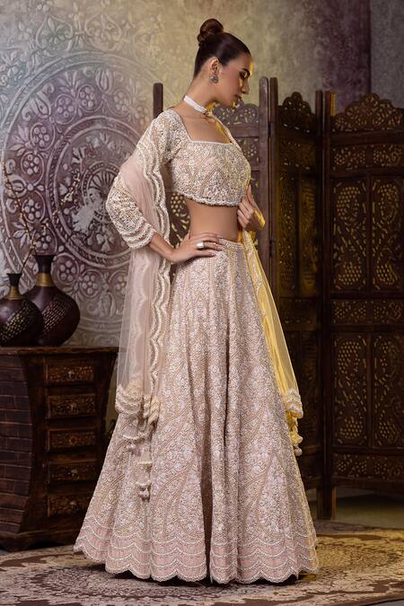 Raj Arora Beige Silk Pearls, Diamonds Square Neck Embroidered Bridal Lehenga Set at Aza Fashions Raj Arora_Beige Silk Pearls, Diamonds Square Neck Embroidered Bridal Lehenga Set _at_Aza_Fashions
