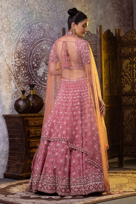 Shop Raj Arora Pink Georgette Sequins, Pearls Asymmetric Embroidered Bridal Lehenga Set at Aza Fashions Shop_Raj Arora_Pink Georgette Sequins, Pearls Asymmetric Embroidered Bridal Lehenga Set _at_Aza_Fashions