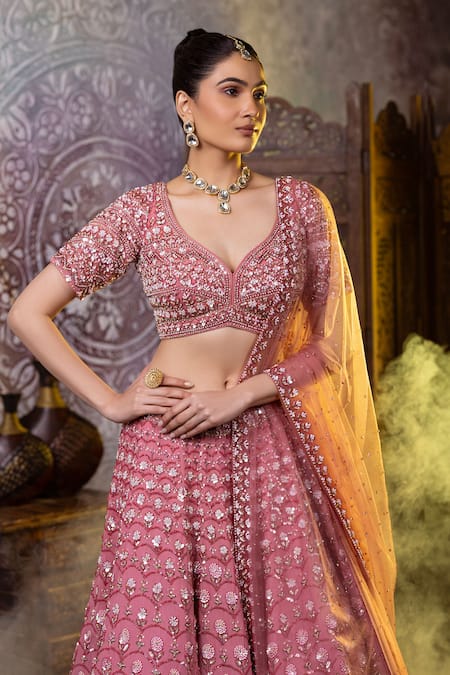 Raj Arora Pink Georgette Sequins, Pearls Asymmetric Embroidered Bridal Lehenga Set Online at Aza Fashions Raj Arora_Pink Georgette Sequins, Pearls Asymmetric Embroidered Bridal Lehenga Set _Online_at_Aza_Fashions