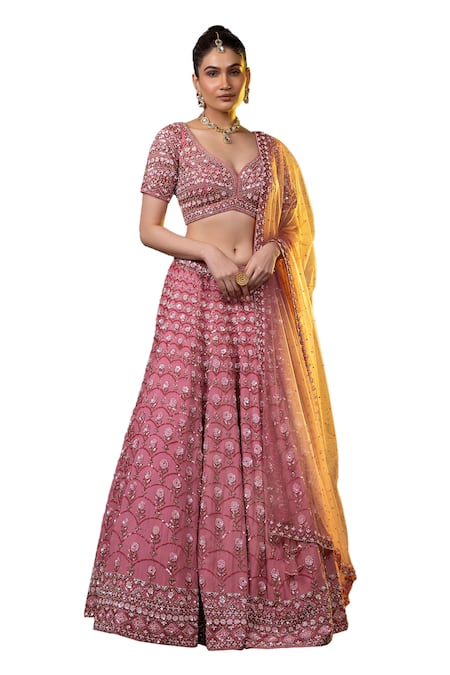 Buy Raj Arora Pink Georgette Sequins, Pearls Asymmetric Embroidered Bridal Lehenga Set Online at Aza Fashions Buy_Raj Arora_Pink Georgette Sequins, Pearls Asymmetric Embroidered Bridal Lehenga Set _Online_at_Aza_Fashions