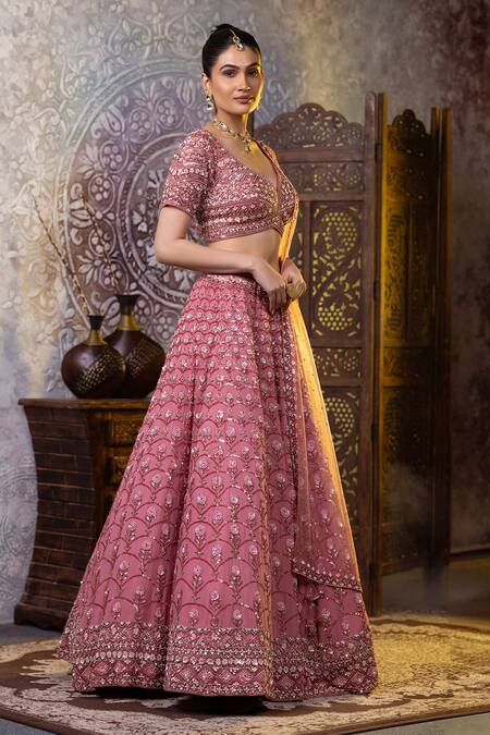 Shop Raj Arora Pink Georgette Sequins, Pearls Asymmetric Embroidered Bridal Lehenga Set Online at Aza Fashions Shop_Raj Arora_Pink Georgette Sequins, Pearls Asymmetric Embroidered Bridal Lehenga Set _Online_at_Aza_Fashions