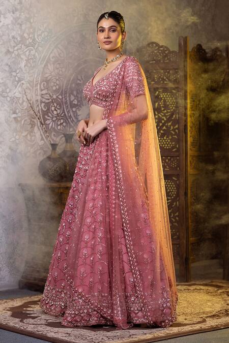 Raj Arora Pink Georgette Sequins, Pearls Asymmetric Embroidered Bridal Lehenga Set at Aza Fashions Raj Arora_Pink Georgette Sequins, Pearls Asymmetric Embroidered Bridal Lehenga Set _at_Aza_Fashions