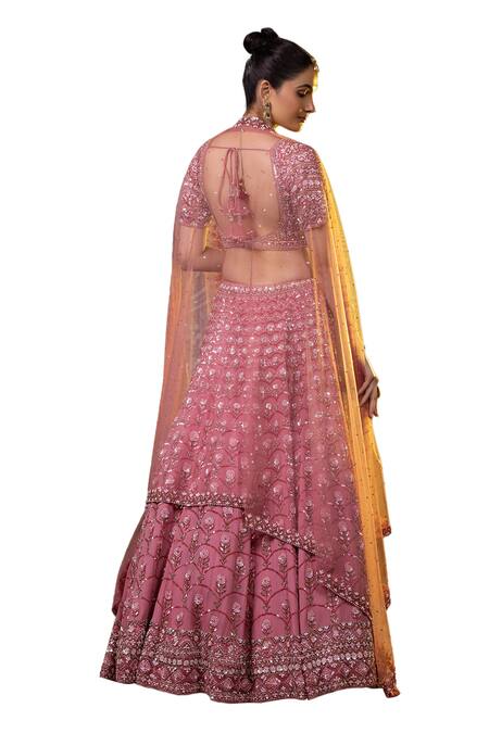 Buy Raj Arora Pink Georgette Sequins, Pearls Asymmetric Embroidered Bridal Lehenga Set Buy_Raj Arora_Pink Georgette Sequins, Pearls Asymmetric Embroidered Bridal Lehenga Set