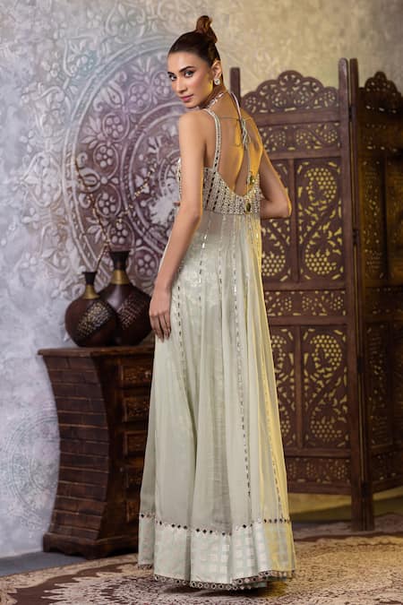 Shop_Raj Arora_Green Organza Mirrors Square Neck Embroidered Anarkali Pant Set _at_Aza_Fashions