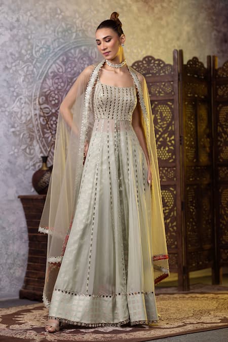 Raj Arora_Green Organza Mirrors Square Neck Embroidered Anarkali Pant Set _Online_at_Aza_Fashions