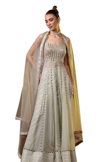 Buy_Raj Arora_Green Organza Mirrors Square Neck Embroidered Anarkali Pant Set _Online_at_Aza_Fashions