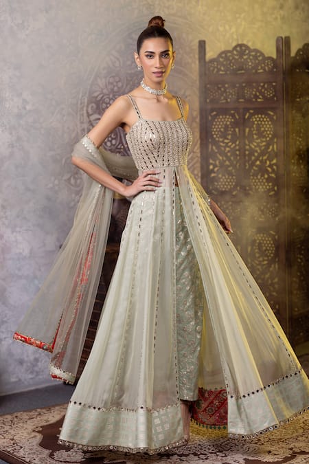 Shop_Raj Arora_Green Organza Mirrors Square Neck Embroidered Anarkali Pant Set _Online_at_Aza_Fashions