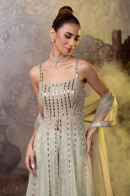 Raj Arora_Green Organza Mirrors Square Neck Embroidered Anarkali Pant Set _at_Aza_Fashions