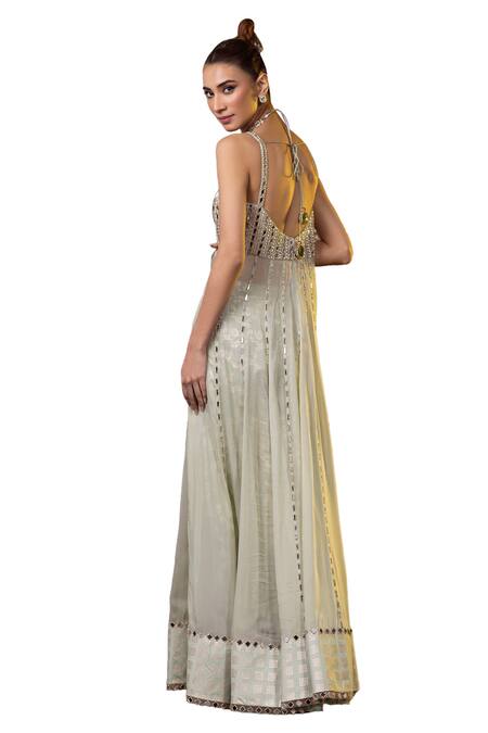 Buy_Raj Arora_Green Organza Mirrors Square Neck Embroidered Anarkali Pant Set 