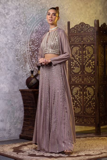 Shop_Raj Arora_Grey Georgette Embroidery, Mirrors, Pearls, Diamonds Round Jacket Sharara Set _at_Aza_Fashions