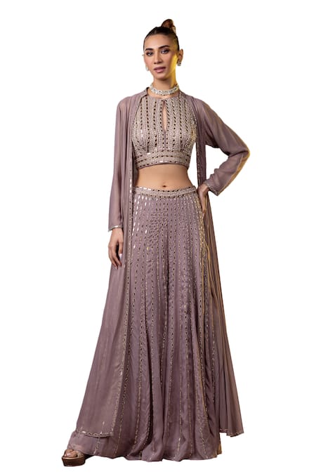 Raj Arora_Grey Georgette Embroidery, Mirrors, Pearls, Diamonds Round Jacket Sharara Set _Online_at_Aza_Fashions