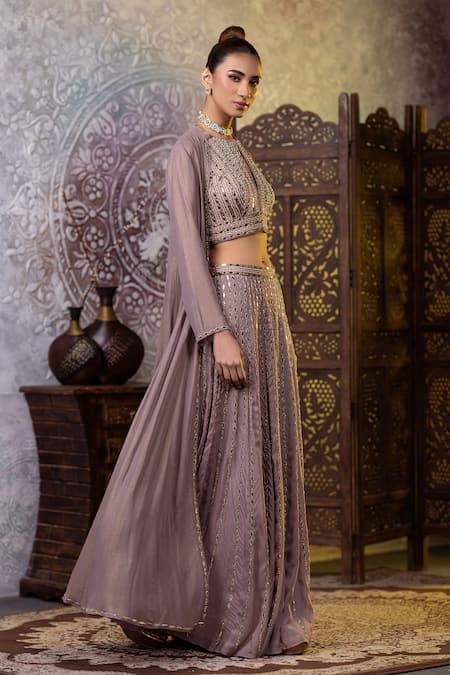 Buy_Raj Arora_Grey Georgette Embroidery, Mirrors, Pearls, Diamonds Round Jacket Sharara Set _Online_at_Aza_Fashions